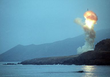 Across the water view of the Minuteman III missile from launch Facility 04. The missile traveled approximately 4200 miles in twenty minutes to the Kwajalein Missile Range in the Marshall Islands. The test is conducted to prove the reliability of land based nuclear missiles