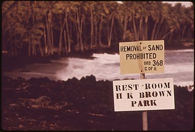 FAMOUS BLACK SAND BEACH AT KAIMU, CREATED BY LAVA RUNOFF, IS A FAVORITE TOURIST STOP. AREA AROUND BEACH IS DUE TO BE DEVELOPED. IN ORDER TO PRESERVE BEACH, THE U.S. ARMY CORPS OF ENGINEERS PLANS TO ADD A NEW FOUNDATION OF SAND UNDER THE EXISTING LAYER. CRITICS ARGUE THIS WOULD CHANGE COLOR OF BEACH, CAUSING IT TO LOSE ITS APPEAL