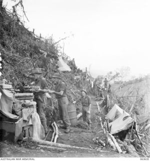 SHAGGY RIDGE, NEW GUINEA. 1944-01-20. MORTAR BOMBS BEING CHECKED BY MEMBERS OF A COMPANY, 2/9TH INFANTRY BATTALION ALONG THE TRACK ON THE SIDE OF THE "PIMPLE". IDENTIFIED PERSONNEL ARE: QX6514 ..