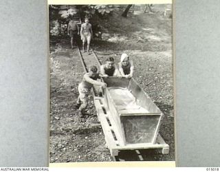 1943-06-15. NEW GUINEA. A.I.F. BAKERS AT WORK IN NEW GUINEA. FINISHED DOUGH BEING TRUCKED FROM MIXER TO BAKERY BY PTE. W. BLORE, OF SYLVANIA, N.S.W. SGT. R. ANDERSON OF BINGARA, N.S.W. AND PTE. C. ..