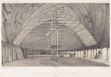 Interieur de la maison publique d'Apia, Ile Opoulou / dessine par Goupil; lith. par P. Blanchard