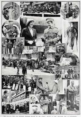 New Zealand sick and wounded soldiers return by the Tahiti: scenes at Port Chalmers and at Wellington