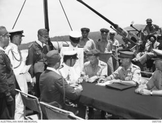 AT SEA OFF RABAUL, NEW BRITAIN. 1945-09-04. PRE- SURRENDER DISCUSSIONS ABOARD HMAS VENDETTA AT A SEA RENDEZVOUS OFF RABAUL BETWEEN REPRESENTATIVES OF LIEUTENANT GENERAL V.A.H. STURDEE, GENERAL ..