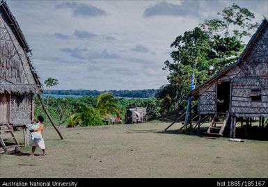 Guasopa: Village houses of various styles, with pandanus leaf walls and sago palm  thatch