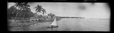 Beach with trees, and houses behind, in Samoa