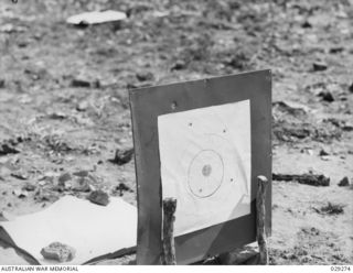 TOWNSVILLE, QLD. 1942-11. VERY BAD SHOOTING BY A "GUINEA PIG" EXPOSED TO THE EFFECTS OF GAS DURING A GAS SHELL DEMONSTRATION SHOOT BY 5TH FIELD REGIMENT, ROYAL AUSTRALIAN ARTILLERY. THIS TARGET WAS ..