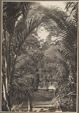 Scene, Kumusi, [man standing at edge of jetty watching four men in boat on river] Frank Hurley