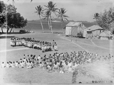 [View overlooking park with Melanesian troupe performing to a seated audience]