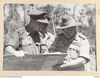 BOUGAINVILLE. 1945-06-09. GENERAL SIR THOMAS A. BLAMEY, COMMANDER-IN-CHIEF, ALLIED LAND FORCES, SOUTH WEST PACIFIC AREA (3), BRIGADIER H.H. HAMMER, COMMAND 15 INFANTRY BRIGADE (1) AND LIEUTENANT ..