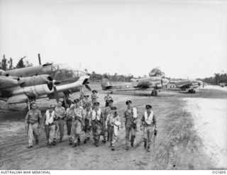 Group portrait of pilots and aircrews of Nos. 8 and 100 (Beaufort) Squadrons RAAF returning after an operation over enemy territory