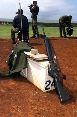 A shot of a 5.56 mm M16A2 rifle, one of many used at the US Marine Corps (USMC) hosted 2003 Pacific Division Matches on the Puuloa Rifle Range, Marine Corps Base Hawaii (MCBH), Hawaii (HI) by service members and civilians representing or associated with all military branches