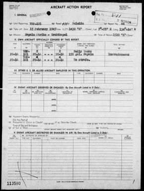 VMF-121 - ACA rep #44 â Bombing & strafing targets on Urukthapel Is, Palau Is 2/15/45