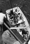 Skiff prepared with diving gear for divers off Falcon Island, Pacific Ocean