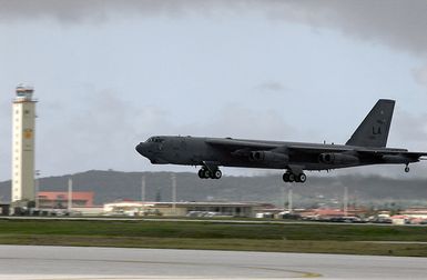 A US Air Force (USAF) B-52 Stratofortress Bomber deployed from Barksdale Air Force Base (AFB), Louisiana, lands at Andersen AFB, Guam, in support of the 7th Air Expeditionary Wing's mission