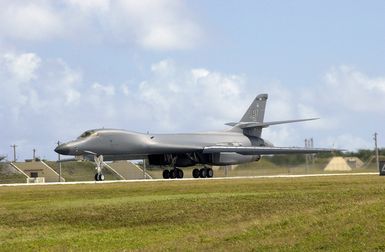 A US Air Force (USAF) B-1B Lancer Bomber, deployed from Dyess Air Force Base (AFB), Texas, lands at Andersen AFB, Guam, in support of the 7th Air Expeditionary Wing's mission