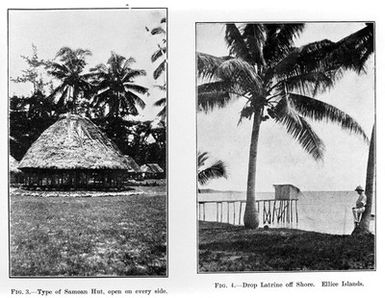 ["Samoan hut and drop latrine off shore, Ellice Islands."]