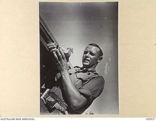 BORAM BEACH, WEWAK AREA, NEW GUINEA. 1945-08-30. CORPORAL F. GERKE WHO IS IN CHARGE OF THE 62 PIGEONS ON ATTACHMENT TO HEADQUARTERS 8 INFANTRY BRIGADE. DURING THE WAR NOT ONE OF THESE BIRDS HAS ..