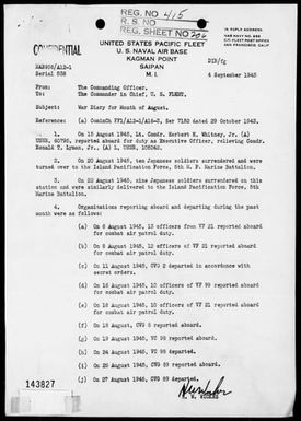 NAB KAGMAN POINT, SAIPAN, M I - War Diary, 8/1-31/45