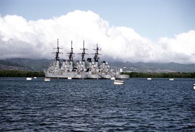 Four decommissioned Charles F. Adams class guided missile destroyers lie at anchor in the Middle Loch. The ships are, from left to right: the HOEL (DDG-13), the JOSEPH STRAUSS (DDG-16), the HENRY B. WILSON(DDG-7) and the COCHRANE (DDG-21).