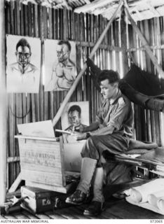 KAKAKOG, NEW GUINEA. 1944-04-06. NX191007 LIEUTENANT E. A. D. WATSON, AN OFFICIAL WAR ARTIST OF THE MILITARY HISTORY SECTION, AT WORK AT HEADQUARTERS AUSTRALIAN NEW GUINEA ADMINISTRATIVE UNIT