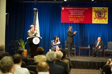 Asian American and Pacific Islanders (AAPI) Heritage event at HUD headquarters, with Hawaii Senator Daniel Inouye and Washington, D.C. television news anchor Eun Yang [among the guest speakers,] and Secretary Shaun Donovan and Deputy Secretary Ron Sims [among the HUD senior officials on hand]
