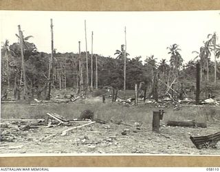 FINSCHHAFEN, NEW GUINEA, 1943-10-02. RUINED BUILDINGS OF THE WORKSHOP AREA AND DAMAGED TREES AFTER THE HEAVY FIGHTING