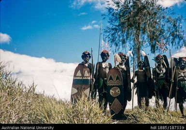 Warriors standing against skyline