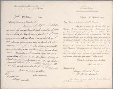 Facsimile of a letter from Queen Pomare to her husband and family at Raiatea