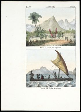 Artist unknown :Australia. Morai e luoghi di sepoltura; Piroghe dell'Isola Mandana. Tav. 88, Tom III [1841]