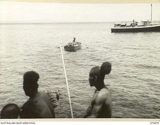 MANAM ISLAND, NEW GUINEA. 1944-09-03. CREW MEMBERS OF THE MEDICAL LAUNCH, AM1568 OF THE 4TH SEA AMBULANCE TRANSPORT COMPANY ROWING A DIGHY LOAD OF FRESH FRUIT AND VEGETABLES OUT TO THEIR LAUNCH, ..