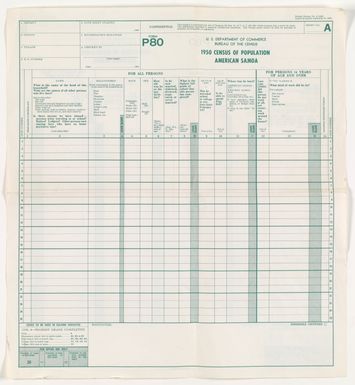 Sample Blank 1950 Census Schedule - Form P80, 1950 Census of Population, American Samoa