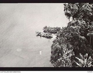 CAPE CROISELLES, ? NEW GUINEA. ? 1944-03. CAMOUFLAGED JAPANESE BARGES HIDING IN DENSE OVERHANGING JUNGLE. LARGE NUMBERS OF THESE BARGES SHELTERED BY DAY AND MOVED AT NIGHT