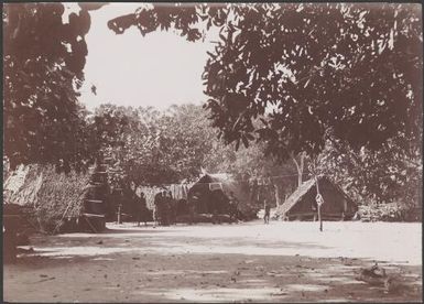 Villagers in front of buildings in Nerinignam, Mota Lava, Banks Islands, 1906 / J.W. Beattie