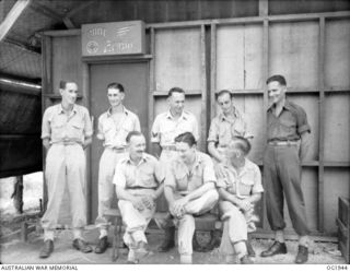 MADANG, NEW GUINEA. C. 1944-10. GROUP OF PERSONNEL WHO ASSIST WITH THE PRESENTATION OF PROGRAMMES FROM RAAF RADIO "THE VOICE OF THE ISLANDS". THIS WORK IS DONE DURING THEIR STAND-DOWN HOURS, WHICH ..
