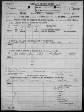 VMF-121 - ACA rep #61 - Rapalm strike in support of ground troops on Abappamogan Is, Palau Is on 5/11/45