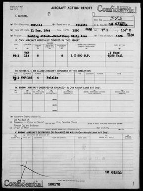 VMF-114 - ACA Reps Nos 28-44 & 29-44 - Bombing & Strafing Babelthuap Airstrip & Adjacent Areas, Babelthuap Is, Palau Is, 12/11 & 14/44