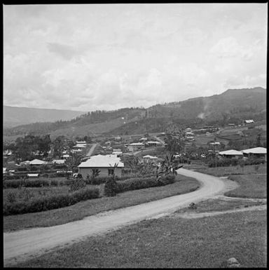 Road into town with European style houses, New Guinea, ca. 1936 / Sarah Chinnery