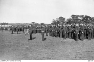 MOUNT MARTHA, VIC. 1943-05-18. COMPANIES OF THE SEVENTH US MARINE REGIMENT RENDER HONOURS TO THEIR COMMANDING GENERAL, MAJOR GENERAL A. A. VANDEGRIFT, COMMANDING FIRST US MARINE DIVISION, WHO ..