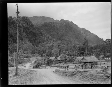 View of local Bougainville Islanders [leaving their village due to the danger of the erupting volcano of Mount Bagana?], North Solomon Island group