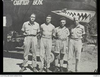 PORT MORESBY, PAPUA. C. 1943. RAAF AND USA AIRMEN WHO FLY TOGETHER AS THE CREW OF AN AMERICAN B-25 MITCHELL BOMBER AIRCRAFT. LEFT TO RIGHT: SERGEANT (SGT) LLOYD H. MASON RAAF OF ARNCLIFFE, NSW, ..