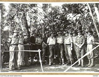Group portrait of officers of the 2/2nd Australian machine gun battalion. Identified is, second from right, NX68324 Lieutenant Cyril Moxham