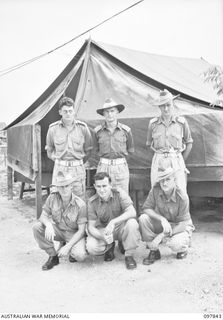 CAPE WOM, WEWAK AREA, NEW GUINEA. 1945-10-13. PERSONNEL OF C COMPANY HEADQUARTERS, 2/1 GUARD REGIMENT. IDENTIFIED PERSONNEL ARE:- PRIVATE J.T. COX (1); PRIVATE J.W. BRADY (2); WARRANT OFFICER 2 ..