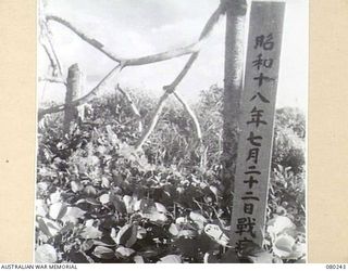 AWAR, NEW GUINEA. 1944-07. ONE OF THE GRAVES IN THE JAPANESE CEMETERY WHICH EXTENDS ABOUT 1/2 MILE ALONG THE BEACH IN THE NORTH HANSA AREA