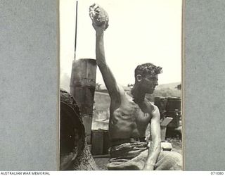EVAPIA RIVER, NEW GUINEA. 1944-03-15. VX85760 PRIVATE H.A. WALBRIDGE, THE COOK OF NO. 2 PLATOON, 2/4TH FIELD COMPANY, INDICATING FRESH MEAT FOR THE EVENING MEAL