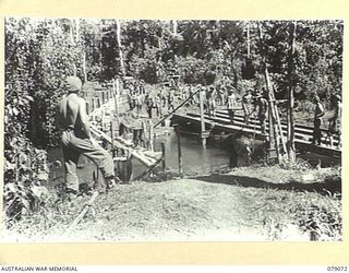 BOUGAINVILLE ISLAND. 1945-02-12. ENGINEERS OF THE 5TH FIELD COMPANY, ASSISTED BY PIONEERS OF THE 9TH INFANTRY BATTALION BUILDING A NEW BRIDGE OVER THE HUPAI RIVER. THE ORIGINAL BRIDGE WAS DESTROYED ..