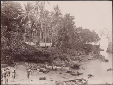 Villagers and missionaries on the landing beach at Ahia, Ulawa, Solomon Islands, 1906 / J.W. Beattie