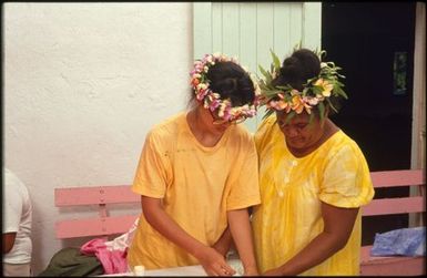 Two women making tivaevae, with Mrs Tokerau Munro