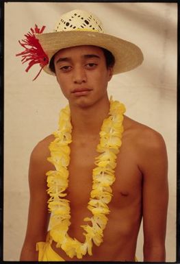 Auckland Secondary Schools Māori and Pacific Islands Cultural Festival. Boy from Mangere College Cook Islands Group