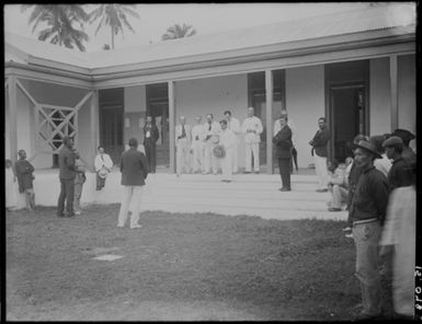 Rarotonga. Colonel Gudgeon, Hon. Mills and others receiving deputation at Government Building April 1903. (South Seas Islands cruise)