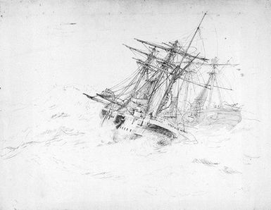 Storm: study for the escape of HMS 'Calliope' from the hurricane at Apia, Samoa, 1889